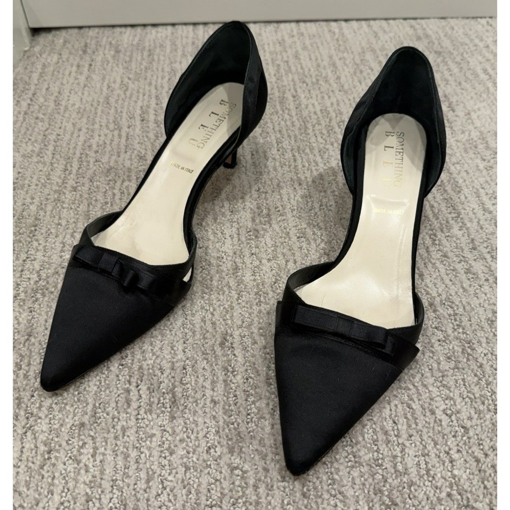 Something Bleu 9.5 D'Orsay Black Satin Kitten Heels w/bow (Italy) Wedding Prom